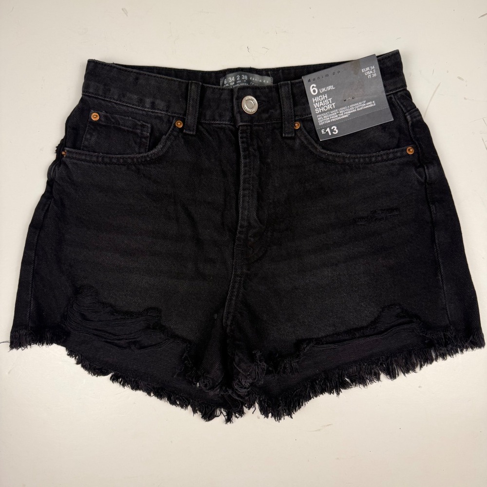 Primark Denim Co Womens High Waist Distressed Denim Shorts Black Size 2 NEW
